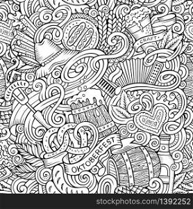 Cartoon cute doodles hand drawn Octoberfest seamless pattern. Line art detailed, with lots of objects background. Endless funny vector illustration. Contour backdrop with beer symbols and items. Cartoon cute doodles hand drawn Octoberfest seamless pattern