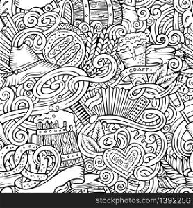 Cartoon cute doodles hand drawn Octoberfest seamless pattern. Line art detailed, with lots of objects background. Endless funny vector illustration. Contour backdrop with beer symbols and items. Cartoon cute doodles hand drawn Octoberfest seamless pattern