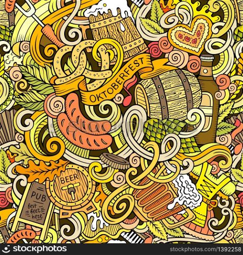 Cartoon cute doodles hand drawn Octoberfest seamless pattern. Colorful detailed, with lots of objects background. Endless funny vector illustration. Bright colors backdrop with beer symbols and items. Cartoon cute doodles hand drawn Octoberfest seamless pattern