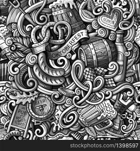 Cartoon cute doodles hand drawn Octoberfest seamless pattern. Toned detailed, with lots of objects background. Endless funny vector illustration. Sepia backdrop with beer symbols and items. Cartoon cute doodles Octoberfest seamless pattern