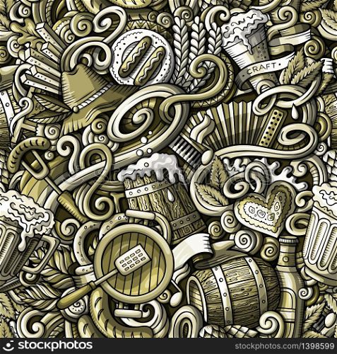 Cartoon cute doodles hand drawn Octoberfest seamless pattern. Toned detailed, with lots of objects background. Endless funny vector illustration. Sepia backdrop with beer symbols and items. Cartoon cute doodles Octoberfest seamless pattern