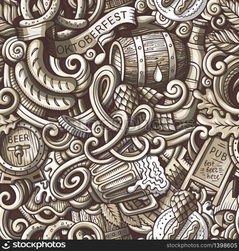 Cartoon cute doodles hand drawn Octoberfest seamless pattern. Toned detailed, with lots of objects background. Endless funny vector illustration. Sepia backdrop with beer symbols and items. Cartoon cute doodles Octoberfest seamless pattern