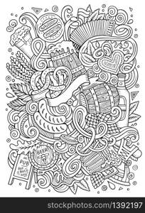 Cartoon cute doodles hand drawn Oktoberfest illustration. Line art detailed, with lots of objects background. Funny vector artwork. Sketched picture with Beer fest theme items.. Cartoon cute doodles hand drawn Oktoberfest illustration