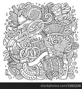 Cartoon cute doodles hand drawn Oktoberfest illustration. Line art detailed, with lots of objects background. Funny vector artwork. Sketched picture with Beer fest theme items.. Cartoon cute doodles hand drawn Oktoberfest illustration