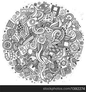 Cartoon cute doodles hand drawn Photo illustration. Line art detailed, with lots of objects background. Funny vector artwork. Cartoon cute doodles hand drawn Photo illustration