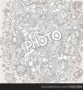 Cartoon cute doodles hand drawn Photo illustration. Sketchy detailed, with lots of objects background. Funny vector artwork. Cartoon cute doodles hand drawn Photo illustration