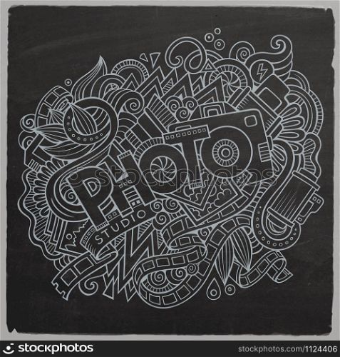 Cartoon cute doodles hand drawn Photo inscription. Chalkboard illustration with photography theme items. Line art detailed, with lots of objects background. Funny vector artwork. Cartoon cute doodles hand drawn Photo inscription