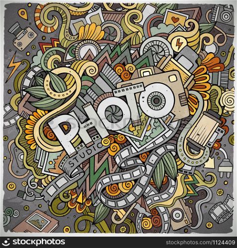 Cartoon cute doodles hand drawn Photo inscription. Colorful illustration with photographer theme items. Line art detailed, with lots of objects background. Funny vector artwork. Cartoon cute doodles hand drawn Photo inscription