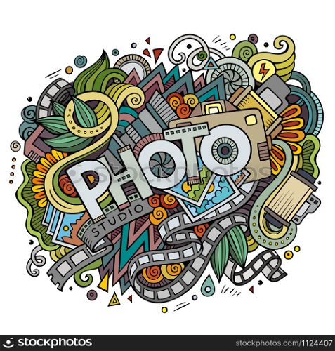 Cartoon cute doodles hand drawn Photo inscription. Colorful illustration with photography theme items. Line art detailed, with lots of objects background. Funny vector artwork. Cartoon cute doodles hand drawn Photo inscription