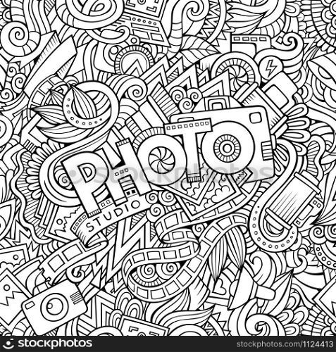 Cartoon cute doodles hand drawn Photo inscription. Line art illustration with photographer theme items. detailed, with lots of objects background. Funny vector artwork. Cartoon cute doodles hand drawn Photo inscription