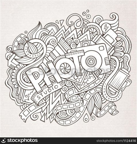 Cartoon cute doodles hand drawn Photo inscription. Sketchy illustration with photography theme items. Line art detailed, with lots of objects background. Funny vector artwork. Cartoon cute doodles hand drawn Photo inscription