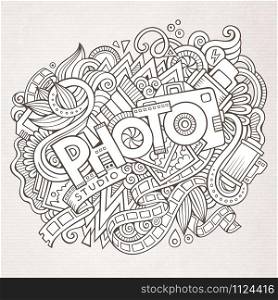 Cartoon cute doodles hand drawn Photo inscription. Sketchy illustration with photography theme items. Line art detailed, with lots of objects background. Funny vector artwork. Cartoon cute doodles hand drawn Photo inscription
