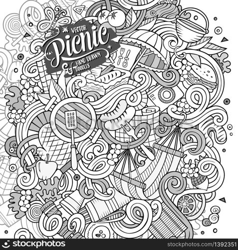 Cartoon cute doodles hand drawn picnic frame design. Line art detailed, with lots of objects background. Funny vector illustration. Sketchy border with nature theme items. Cartoon vector picnic doodle frame