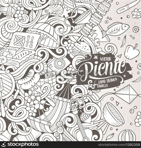 Cartoon cute doodles hand drawn picnic frame design. Line art detailed, with lots of objects background. Funny vector illustration. Sketchy border with nature theme items. Cartoon vector picnic doodle frame