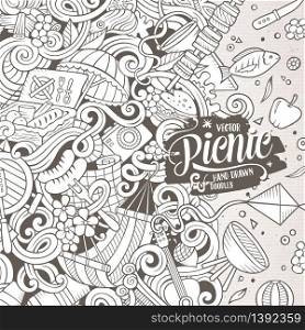 Cartoon cute doodles hand drawn picnic frame design. Line art detailed, with lots of objects background. Funny vector illustration. Sketchy border with nature theme items. Cartoon vector picnic doodle frame