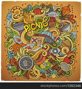 Cartoon cute doodles hand drawn picnic frame design. Colorful detailed, with lots of objects background. Funny vector illustration. Bright colors border with nature theme items. Cartoon vector picnic doodle illustration