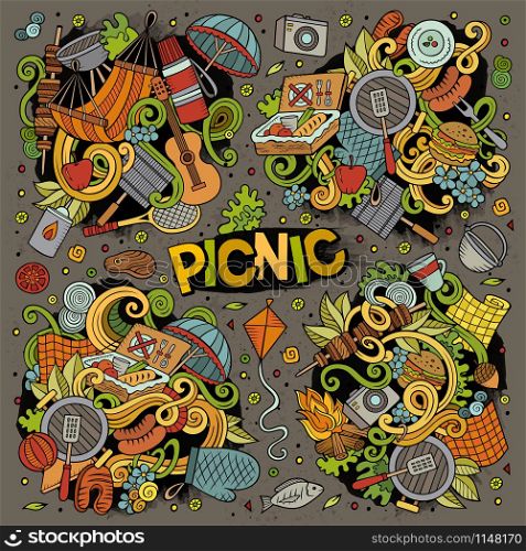 Cartoon cute doodles hand drawn Picnic illustration. Colorful detailed, with lots of objects background. Funny vector artwork. Bright colors picture with BBQ theme items.. Cartoon vector picnic doodle illustration