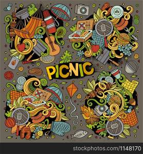 Cartoon cute doodles hand drawn Picnic illustration. Colorful detailed, with lots of objects background. Funny vector artwork. Bright colors picture with BBQ theme items.. Cartoon vector picnic doodle illustration