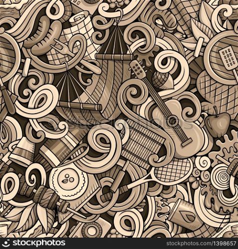 Cartoon cute doodles hand drawn picnic seamless pattern. Monochrome detailed, with lots of objects background. Endless funny vector illustration. Sepia backdrop with BBQ symbols and items. Cartoon hand-drawn picnic doodles seamless pattern