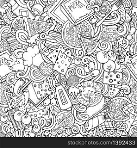 Cartoon cute doodles hand drawn Pizza seamless pattern. Line art detailed, with lots of objects background. Endless funny vector illustration. All objects separate.. Cartoon cute doodles hand drawn Pizza seamless pattern