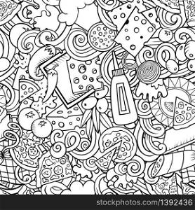 Cartoon cute doodles hand drawn Pizza seamless pattern. Line art detailed, with lots of objects background. Endless funny vector illustration. All objects separate.. Cartoon cute doodles hand drawn Pizza seamless pattern