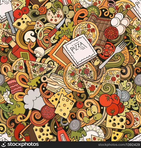 Cartoon cute doodles hand drawn Pizza seamless pattern. Colorful detailed, with lots of objects background. Endless funny vector illustration. All objects separate.. Cartoon cute doodles hand drawn Pizza seamless pattern
