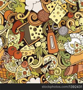 Cartoon cute doodles hand drawn Pizza seamless pattern. Colorful detailed, with lots of objects background. Endless funny vector illustration. All objects separate.. Cartoon cute doodles hand drawn Pizza seamless pattern