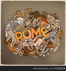Cartoon cute doodles hand drawn Rome inscription. Colorful illustration with italian theme items. Line art detailed, with lots of objects background. Funny vector artwork. Cartoon cute doodles hand drawn Rome inscription