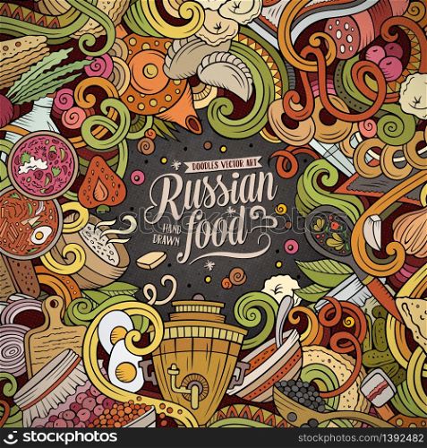 Cartoon cute doodles hand drawn Russian food frame design. Colorful detailed, with lots of objects background. Funny vector illustration. Bright colors border with cuisine theme items. Cartoon cute doodles Russian food frame design