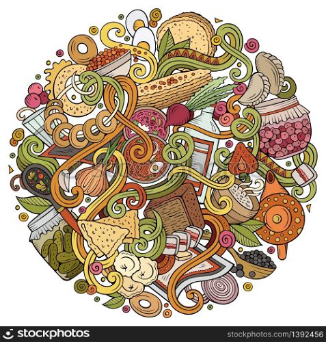 Cartoon cute doodles hand drawn Russian food illustration. Colorful detailed, with lots of objects background. Funny vector artwork. Bright colors picture with cuisine theme items. Cartoon cute doodles hand drawn Russian food illustration