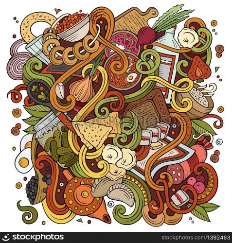 Cartoon cute doodles hand drawn Russian food illustration. Colorful detailed, with lots of objects background. Funny vector artwork. Bright colors picture with cuisine theme items. Cartoon cute doodles hand drawn Russian food illustration