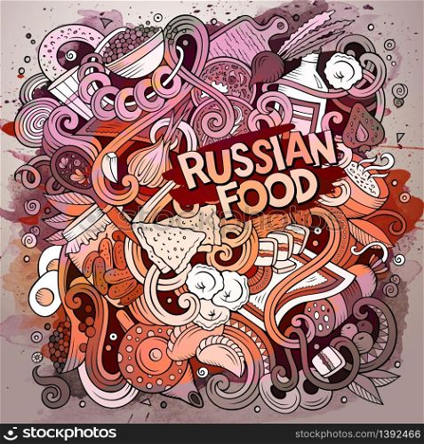 Cartoon cute doodles hand drawn Russian food illustration. Watercolor detailed, with lots of objects background. Funny vector artwork. Artistic picture with cuisine theme items. Cartoon cute doodles hand drawn Russian food illustration