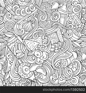 Cartoon cute doodles hand drawn Russian food seamless pattern. Line art detailed, with lots of objects background. Endless funny cuisine vector illustration. Cartoon doodles Russian food seamless pattern