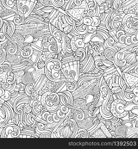 Cartoon cute doodles hand drawn Russian food seamless pattern. Line art detailed, with lots of objects background. Endless funny cuisine vector illustration. Cartoon doodles Russian food seamless pattern