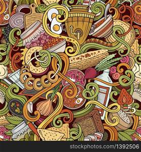 Cartoon cute doodles hand drawn Russian food seamless pattern. Colorful detailed, with lots of objects background. Endless funny cuisine vector illustration. Cartoon doodles Russian food seamless pattern