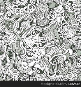 Cartoon cute doodles hand drawn Russian food seamless pattern. Monochrome detailed, with lots of objects background. Endless funny cuisine vector illustration. Cartoon doodles Russian food seamless pattern