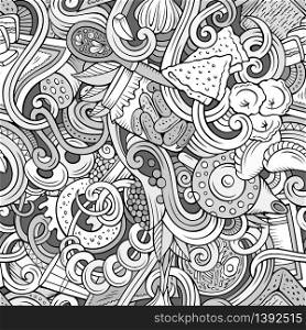 Cartoon cute doodles hand drawn Russian food seamless pattern. Monochrome detailed, with lots of objects background. Endless funny cuisine vector illustration. Cartoon doodles Russian food seamless pattern