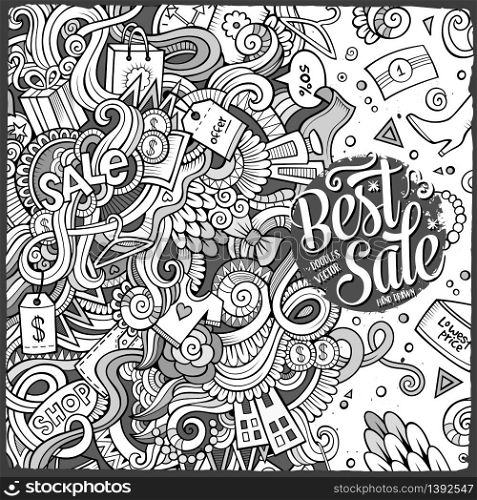 Cartoon cute doodles hand drawn Sale frame design. Line art detailed, with lots of objects background. Funny vector illustration. Vintage border with Shopping theme items. Cartoon cute doodles Sale frame