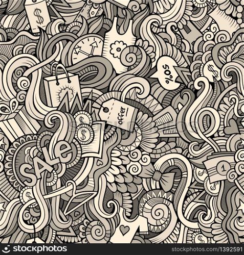 Cartoon cute doodles hand drawn Sale seamless pattern. Sketchy detailed, with lots of objects background. Endless funny vector illustration. Line art backdrop. Cartoon cute doodles hand drawn Sale seamless pattern
