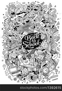 Cartoon cute doodles hand drawn school design. Line art detailed, with lots of objects background. Funny vector illustration. Sketched pictore with education theme items. Cartoon Back to school illustration