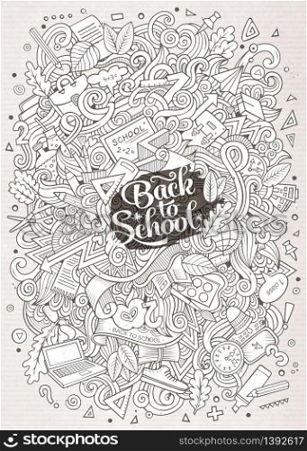 Cartoon cute doodles hand drawn school design. Line art detailed, with lots of objects background. Funny vector illustration. Sketched pictore with education theme items. Cartoon Back to school illustration