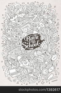 Cartoon cute doodles hand drawn school design. Line art detailed, with lots of objects background. Funny vector illustration. Sketched pictore with education theme items. Cartoon Back to school illustration