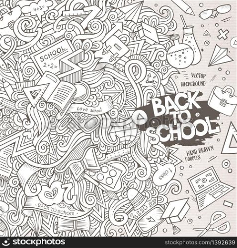 Cartoon cute doodles hand drawn school frame design. Line art detailed, with lots of objects background. Funny vector illustration. Sketched border with education theme items. Cartoon cute doodles hand drawn school frame