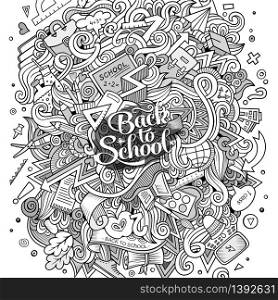 Cartoon cute doodles hand drawn School illustration. Line art detailed, with lots of objects background. Funny vector artwork. Sketchy picture with education theme items.. Cartoon doodles hand drawn School illustration