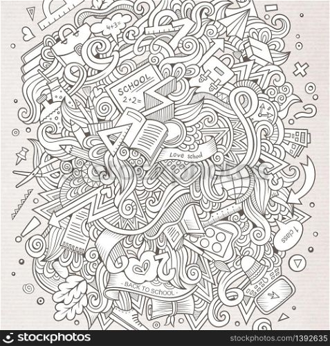 Cartoon cute doodles hand drawn School illustration. Line art detailed, with lots of objects background. Funny vector artwork. Sketchy picture with education theme items.. Cartoon doodles hand drawn School illustration