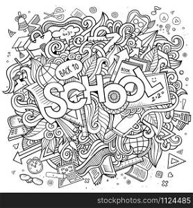 Cartoon cute doodles hand drawn school illustration. Sketchy picture with education theme items. Doodle inscription School.Line art detailed, with lots of objects background. Funny vector artwork. . Cartoon cute doodles school illustration