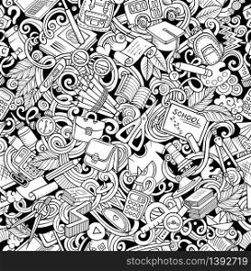 Cartoon cute doodles hand drawn School seamless pattern. Line art detailed, with lots of objects background. Endless funny vector illustration. All objects separate.. Cartoon cute doodles hand drawn School seamless pattern