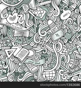 Cartoon cute doodles hand drawn School seamless pattern. Contour detailed, with lots of objects background. Endless funny vector illustration. Line art education backdrop. Cartoon cute doodles School seamless pattern