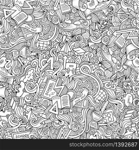 Cartoon cute doodles hand drawn School seamless pattern. Contour detailed, with lots of objects background. Endless funny vector illustration. Line art education backdrop. Cartoon cute doodles School seamless pattern