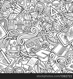 Cartoon cute doodles hand drawn School seamless pattern. Contour detailed, with lots of objects background. Endless funny vector illustration. All objects separate.. Cartoon cute doodles hand drawn School seamless pattern